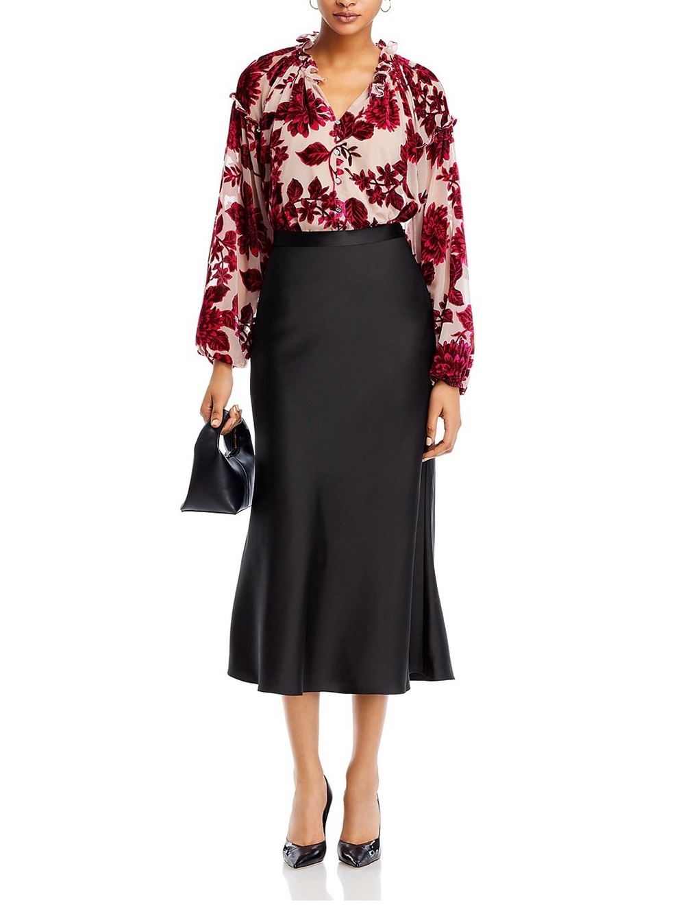 Bloomingdale’s Cupio Red Floral Burnout Ruffle Blouse on Cream size Large - Picture 4 of 16